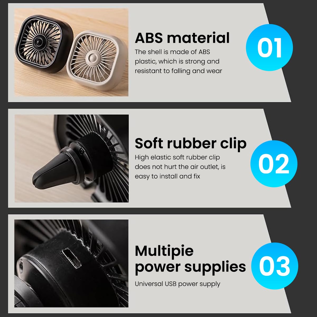 STHIRA USB Car Fan for Air Vent with 3 Speed Adjustable Cooling and LED | 9.3x7.9cm 2PCS