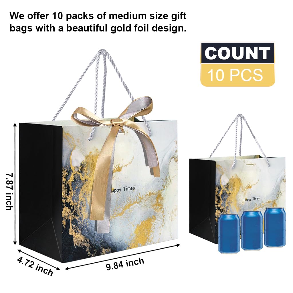 HASTHIP® 10pcs Gift Paper Bags, Gift Bags Medium Size with Bow Ribbon, Portable Paper Gift Bag with Handles, Birthday Gift Bags, Marble Pattern Present Bags for Diwali Christmas Wedding Party, Yellow