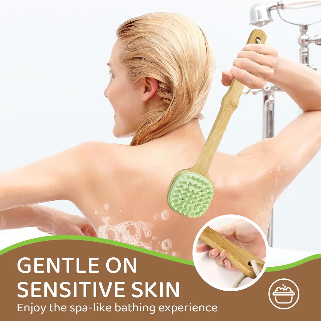 MAYCREATE Silicone Back Scrubber for Shower with Dual Sided Bristles and Wooden Handle | Green