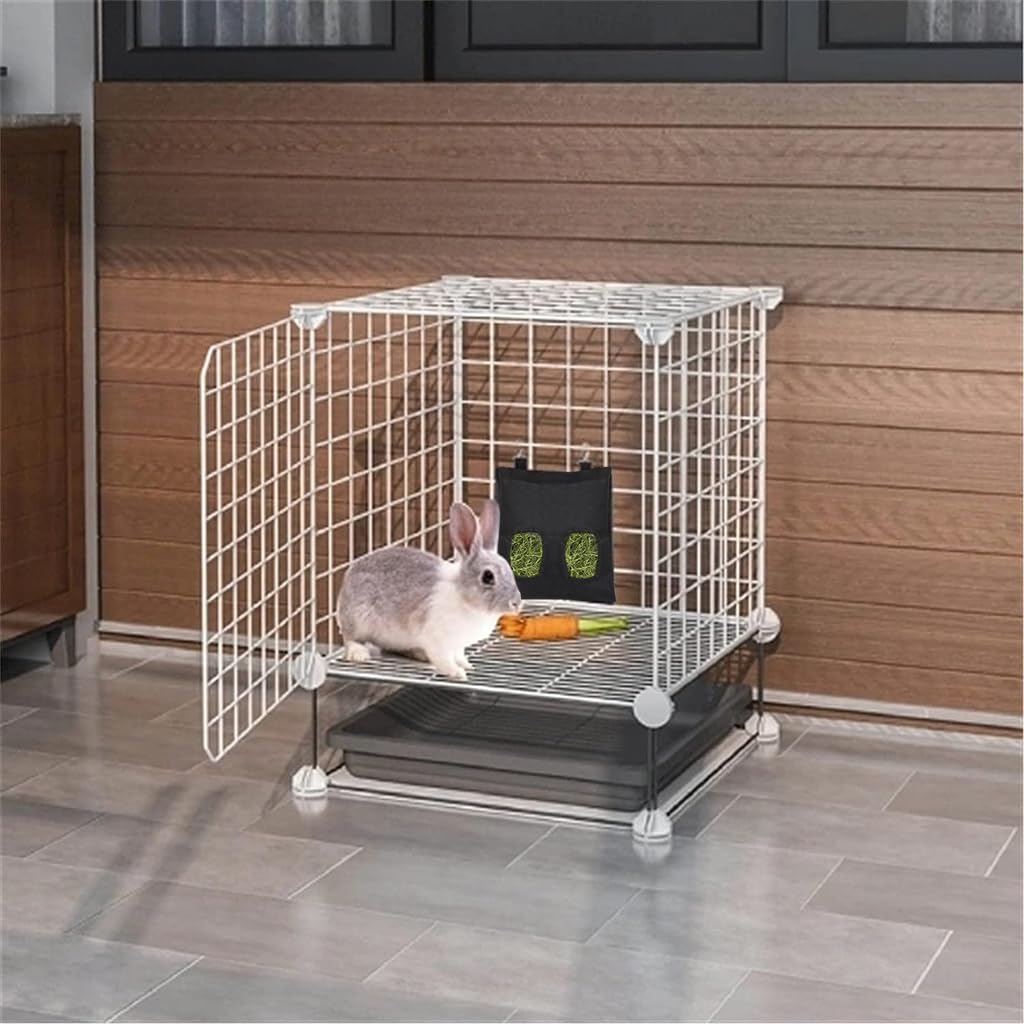 Qpets Rabbit Hay Feeder Bag for Small Pets 25×30cm with Dual Hooks and 2 Feeding Holes