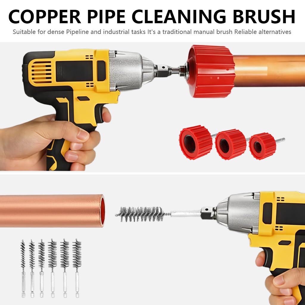 Serplex Copper Pipe Cleaner for Drill 9 Piece Set with Stainless Steel Wire Brush | Cleans Copper Bronze and Brass Tubes