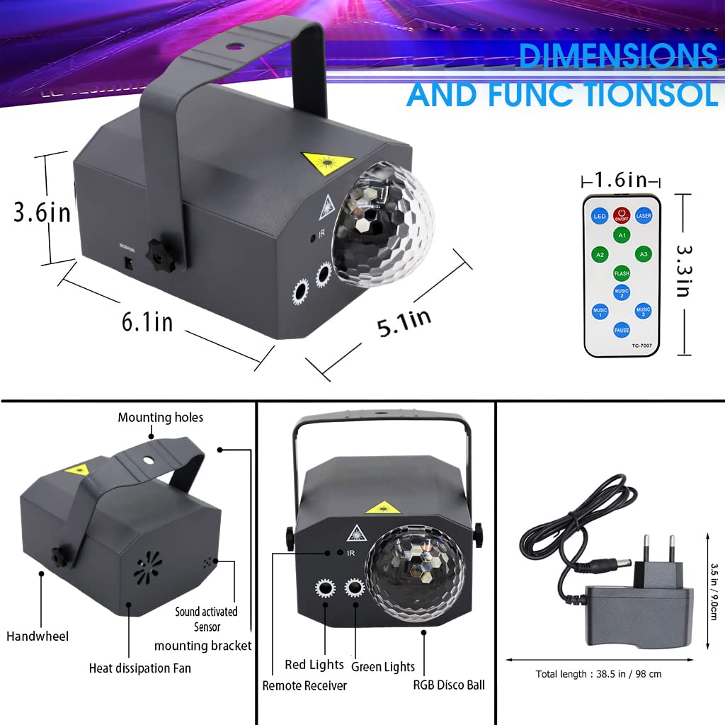 ELEPHANTBOAT DJ Party Disco Light for Home with 12 Pattern Laser and RGB LED Ball | Remote Control Sound Active Mode