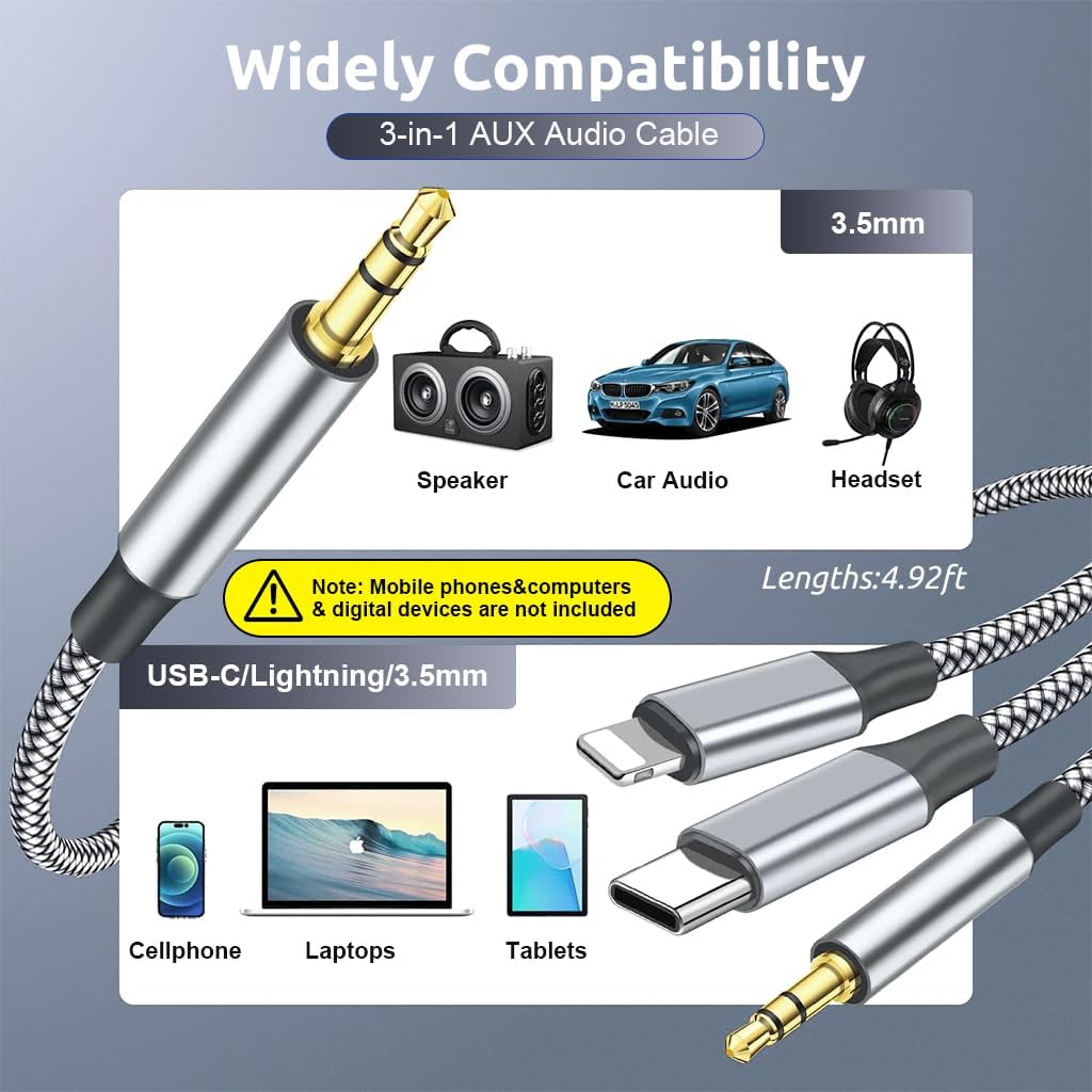 ZEITEL 3 in 1 Car Aux Cable for Stereo and Headphones with 1.5m Nylon Braid | USB C Lightning 3.5mm Connectors