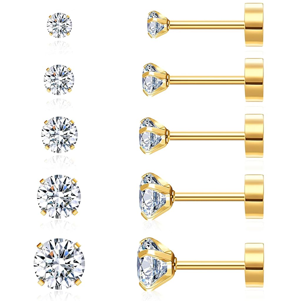 SANNIDHI® 5 Pairs Earrings for Women Flat Back Gold Cartilage Stud Earrings Cubic Zirconia 316L Stainless Steel Earrings Hypoallergenic Nickel-Free Earrings - 3/4/5/6/8mm