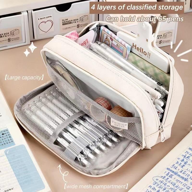 ZIBUYU® Student Pencil Pouch Canvas Pen Storage Pouch Double Layer Zip-up Pencil Pouch Office Stationery Organizer Pouch Fashion Girls Boys Pencil Storage Pouch, 21x11x7.5cm, Beige