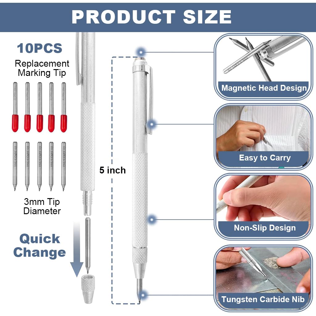 Serplex® 2Pcs Tungsten Scribers with 10 Interchangeable Tungsten Tips Anti-Slip Pocket Tungsten Scriber with Strong Magnet Cap Multipurpose Tungsten Carbide Scribers for Glass/Ceramics/Metal Sheet