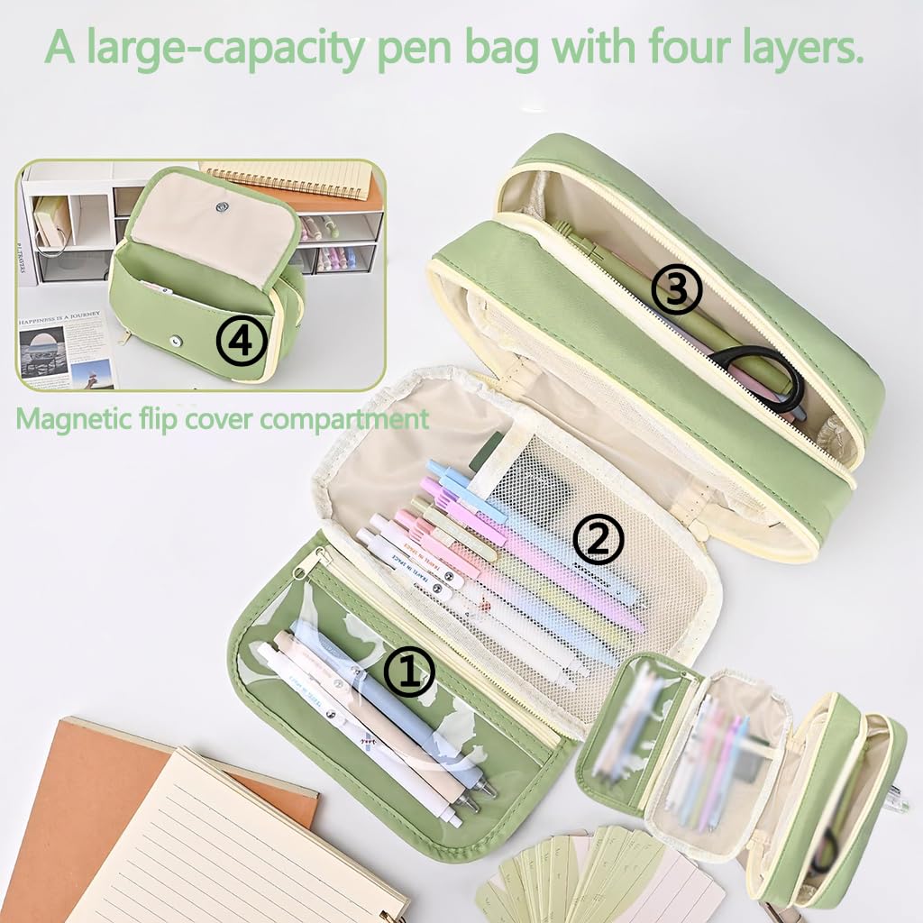 Zibuyu Pencil Pouch for School and Office with Multi Layer Mesh Pockets | Green Organizer Bag
