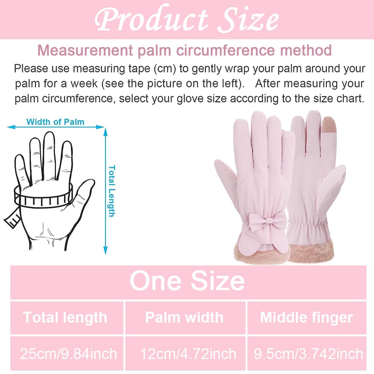 Venzina® Winter Warm Gloves for Women Cute Pink Bow Women Mittens Plush Lining Thermal Hand Gloves Anti-splash Coating Design with Touch Screen Finger Birthday Christmas Women Gift