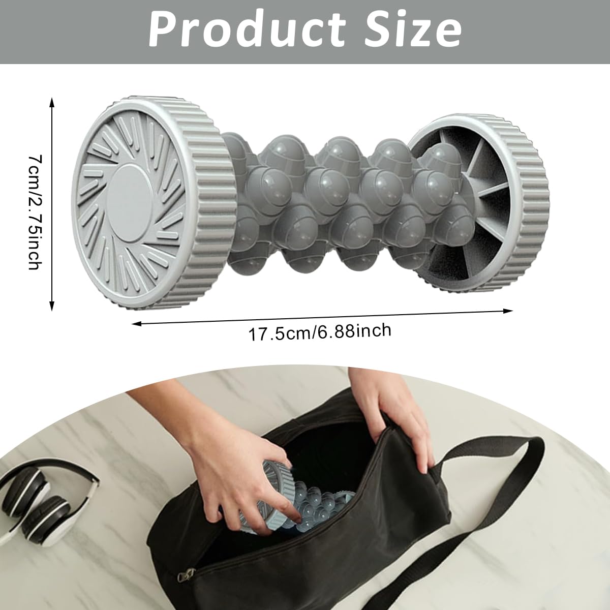 HANNEA Foot Massage Roller for Pain Relief featuring Side Wheels and Hard Massage Nubs 18x8 cm