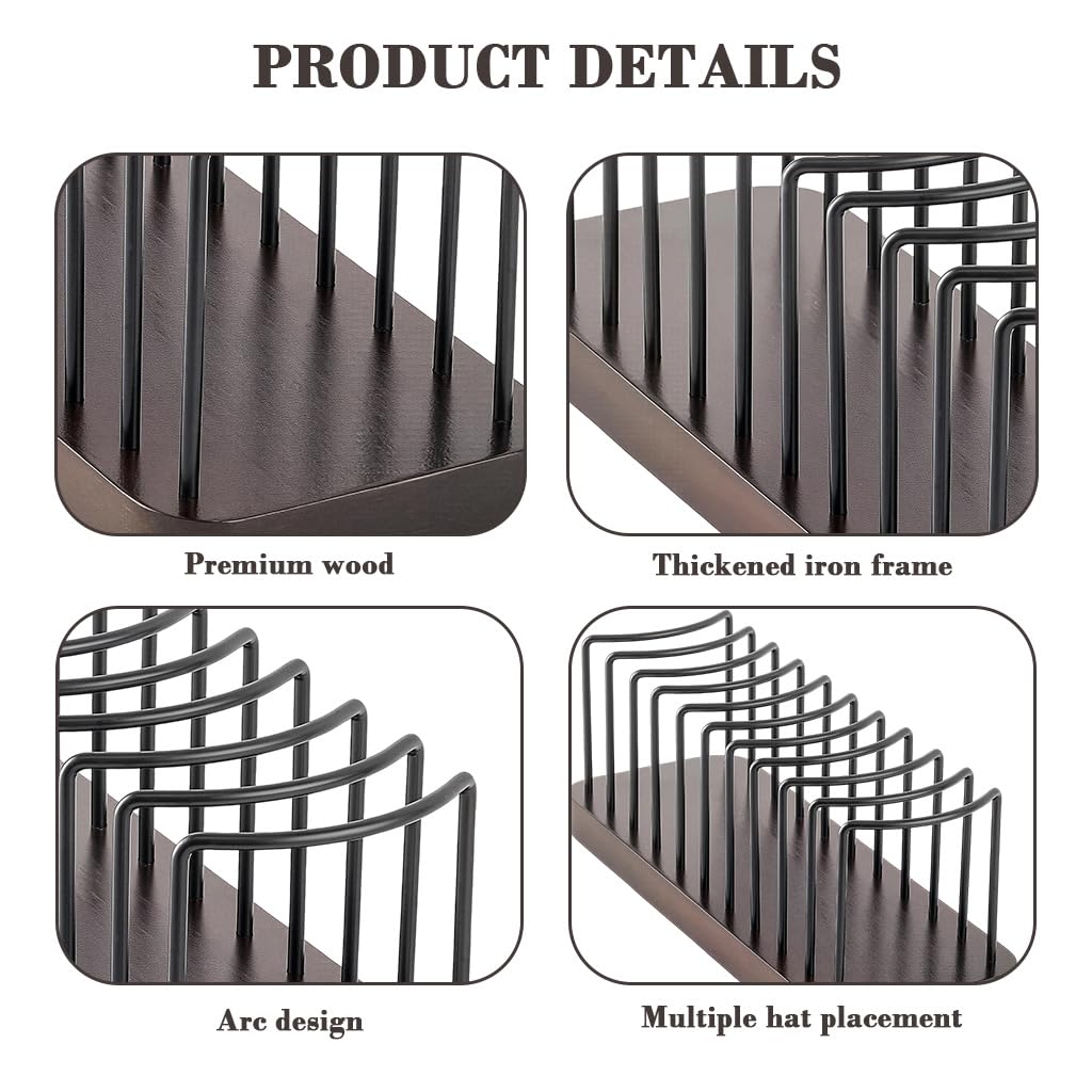 HASTHIP Hat Organizer for Desk and Shelf Display with 10 Slots and Wooden Base | 26.5x10x10cm Metal Wire Cap Holder