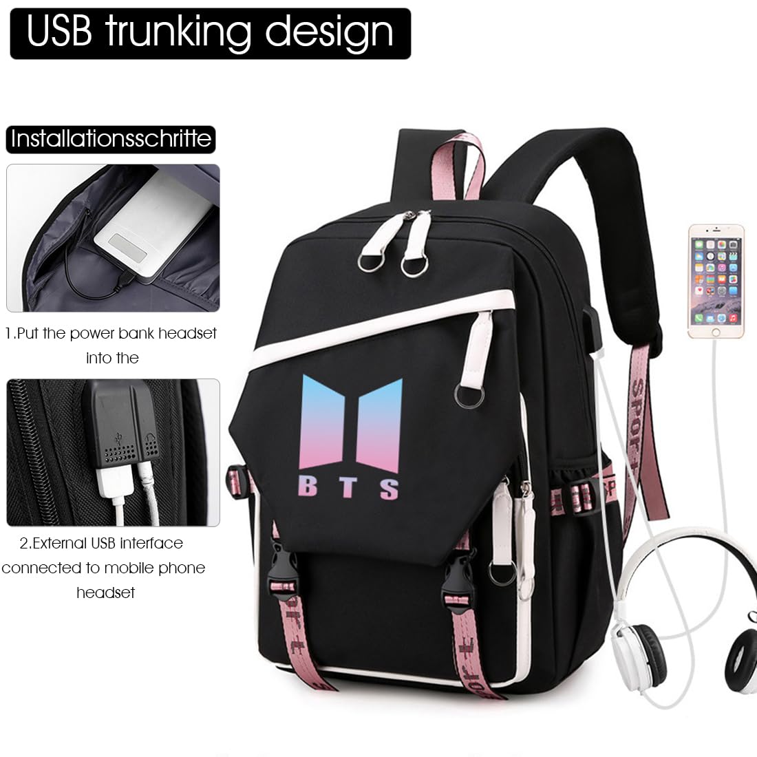 PALAY BTS Backpack for School and Travel with USB Charging Port 32×15×45cm Black for Kids