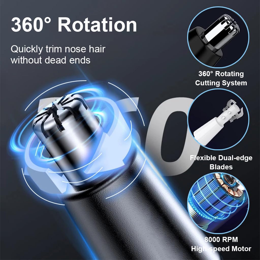 HANNEA Electric Nose Hair Trimmer for Men with 8000 RPM Motor and 360° Rotating Blade | USB Rechargeable IPX5 Waterproof Design