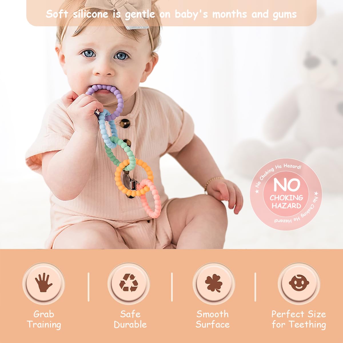 SNOWIE SOFT Baby Teether Toy for 0-24 Months with 5 Loop Design and Stainless Steel Clip | Food Grade Silicone for Safe Chewing and Sensory Development