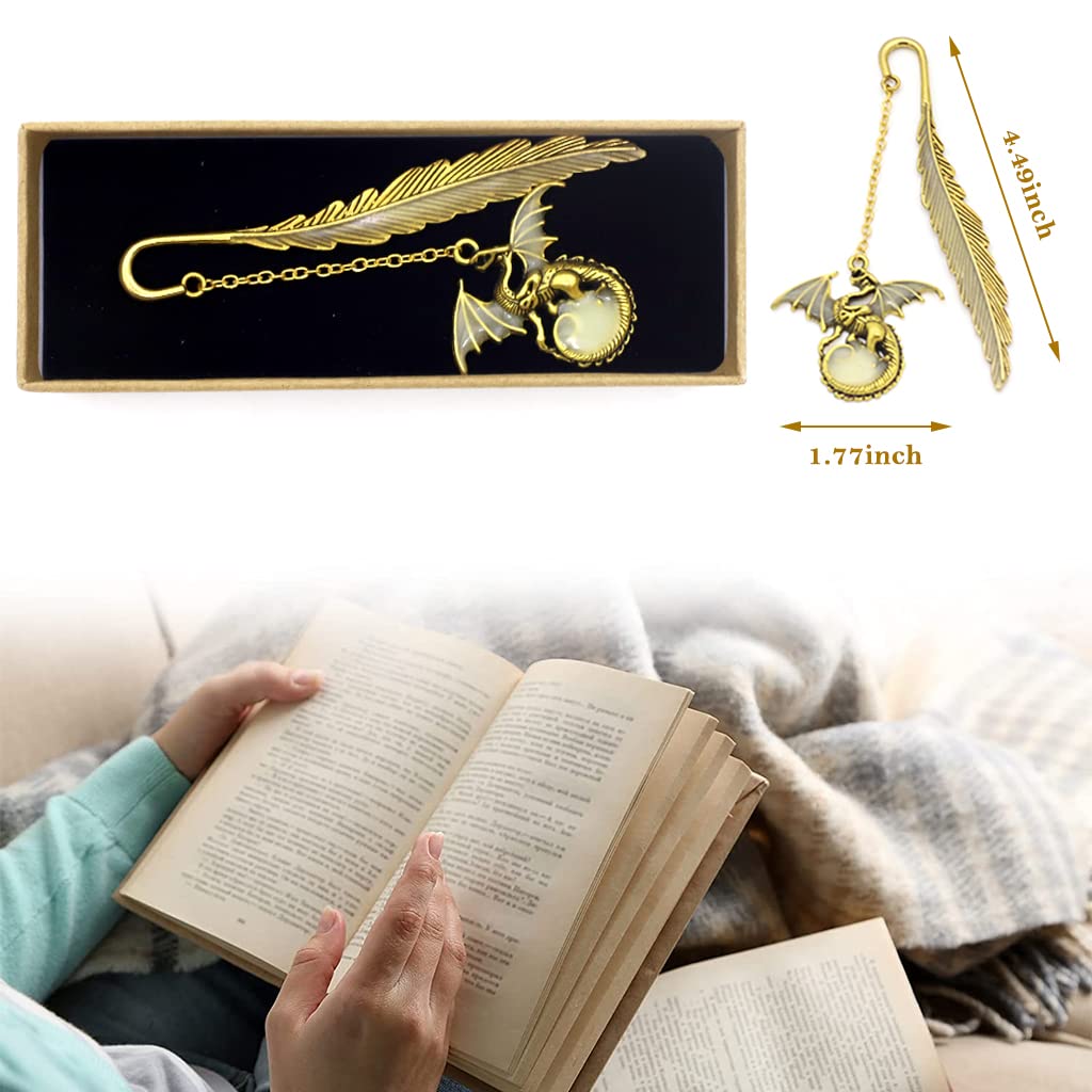 HASTHIP® Metal Feather Bookmark Glow in The Dark, Vintage 3D Golden Dragon Bookmark for Reading Enthusiasts and Gifting, Bookmark Gift for Teachers Women Student, Mothers Day, Christmas Gifts