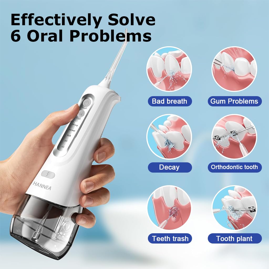 HANNEA Water Dental Flosser for Teeth with 300ml Detachable Tank and 6 Nozzles | Rechargeable IPX7 Waterproof Oral Irrigator