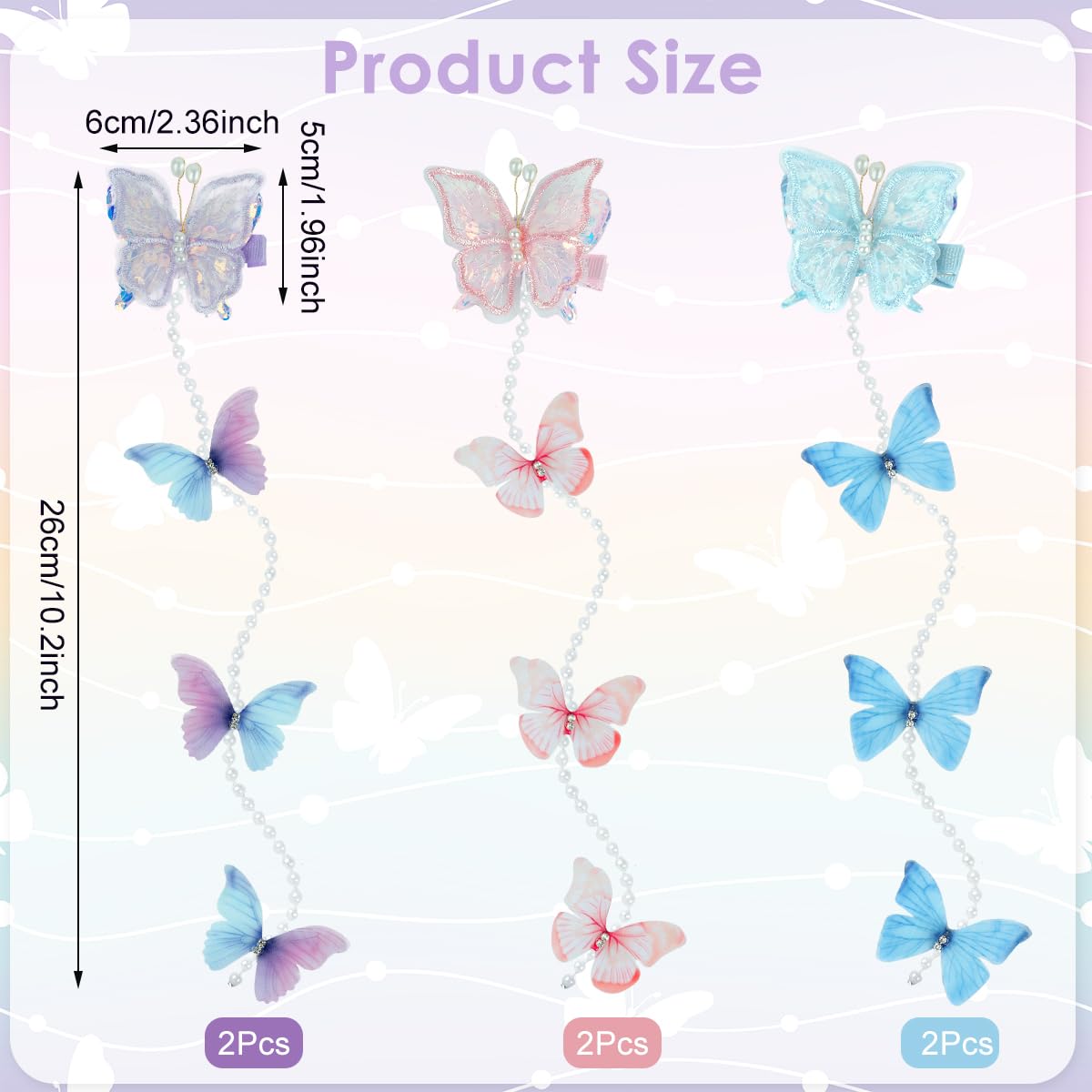 PALAY Pearl Butterfly Kids Hair Clips for Girls with Beaded Charms and Easy Clip-On Design | 6Pcs in Pink Blue and Purple