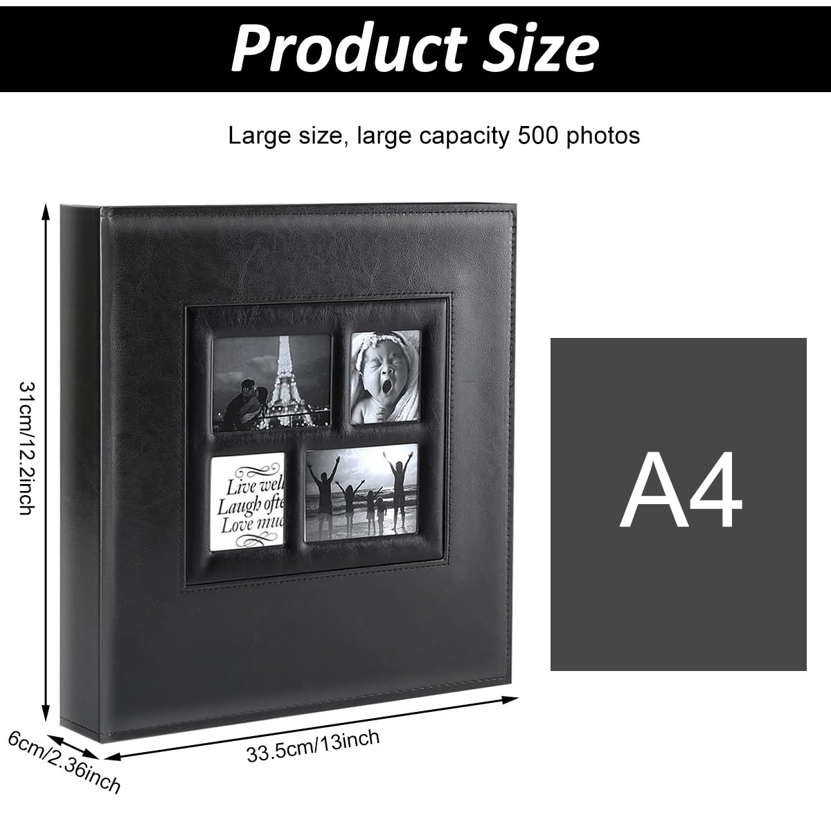 HASTHIP Photo Album Book for Memories with 500 Photo Capacity featuring 4 Clear Windows and PU Leather Cover