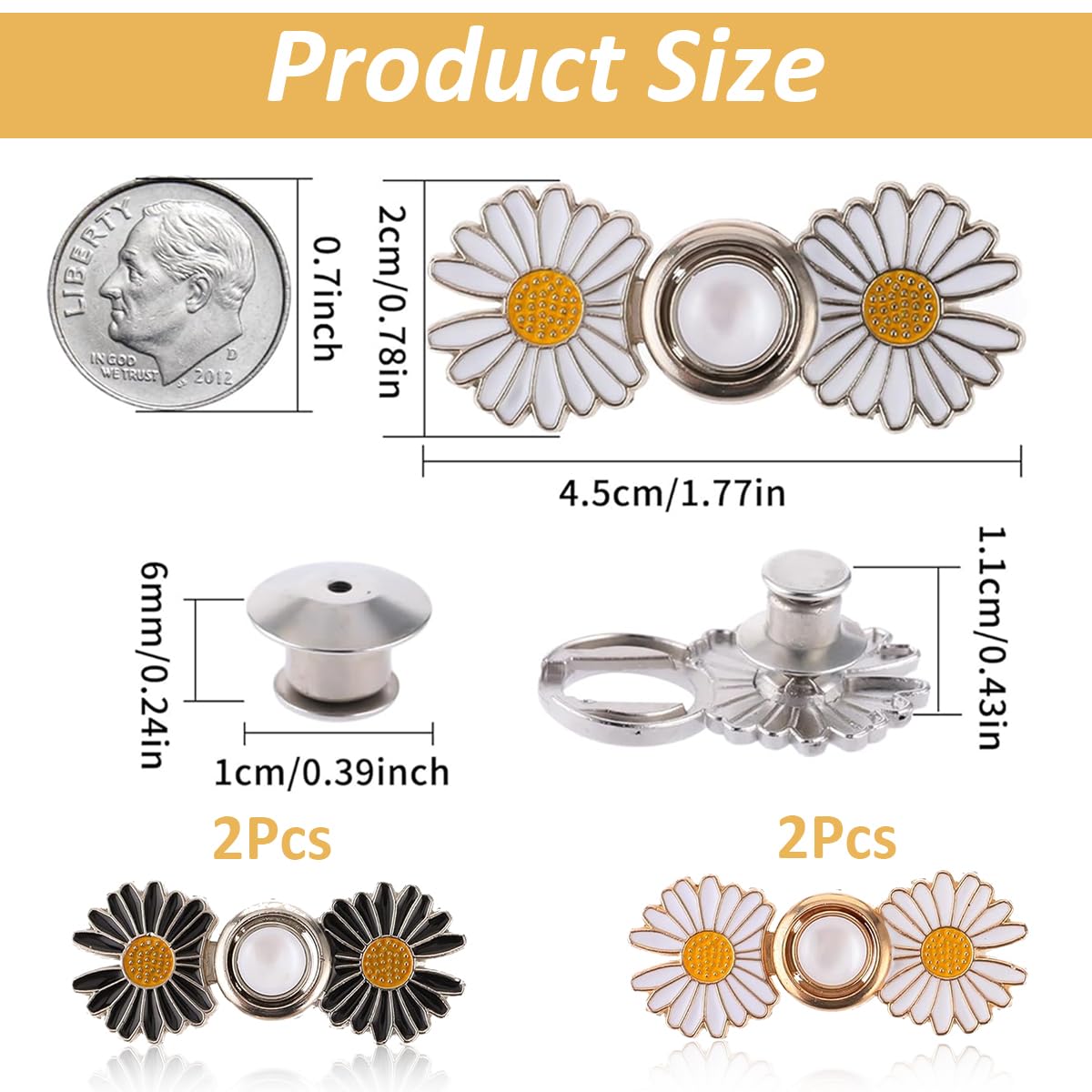 SANNIDHI 4Pcs Daisy Jeans Tightening Clips, Flower Detachable Jeans Adjustable Button Pins, Adjustable Waist Buckle for Women, Instant Pants Waist Tighteners for Loose Waist for Pants Skirts