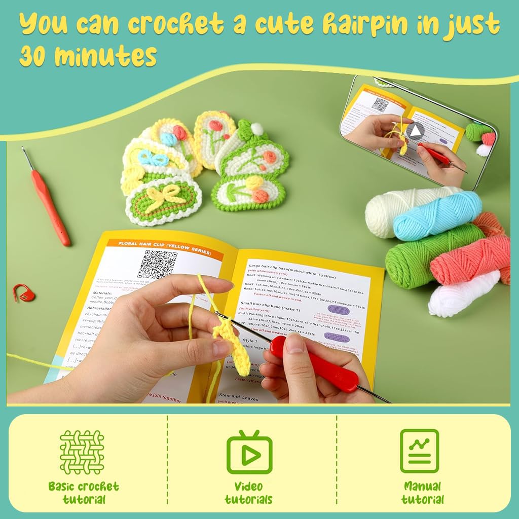 PATPAT DIY Crochet Hair Clip Material Kit for Beginners Set of 10Pcs with Hooks and Needles | Creative Gift for Craft Lovers