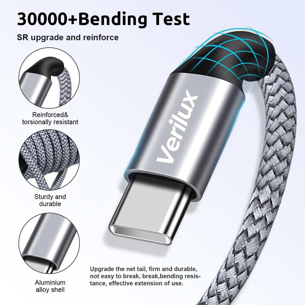 Verilux Type C to Type C Cable for Fast Charging with 16.4ft Nylon Braid | 60W PD and 480Mbps Data Transfer