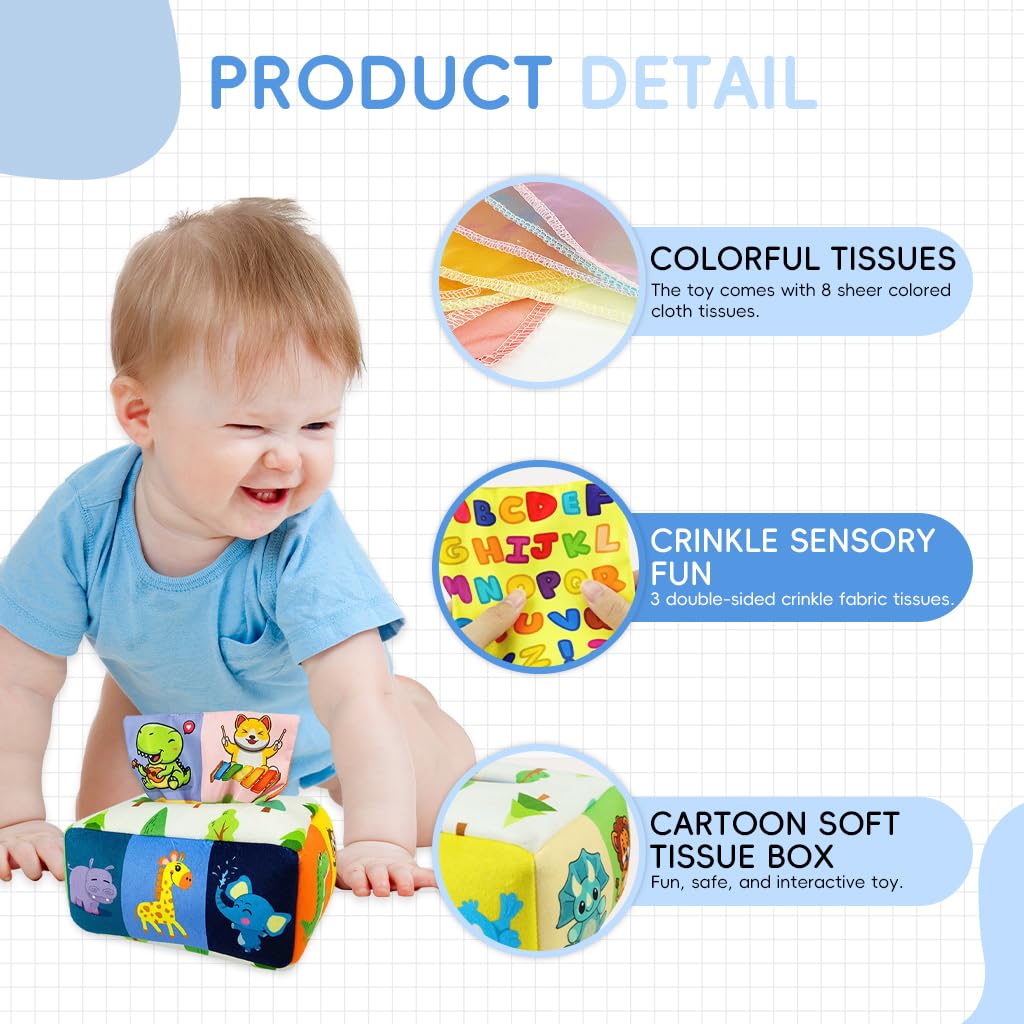 PATPAT Soft Tissue Box Toy for Baby 6–18 Months with 8 Sheer & 3 Crinkle Fabrics | Montessori Sensory Play