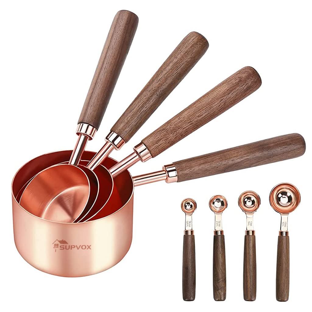 Supvox Measuring Cups and Spoons Set for Cooking and Baking with Walnut Handles and Engraved Markings | 8pcs Stainless Steel Rose Gold Finish