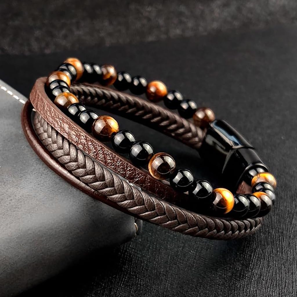 Zibuyu Leather Bracelet for Men with Tiger Eye Beads and Braided Design | Adjustable Gift Accessory