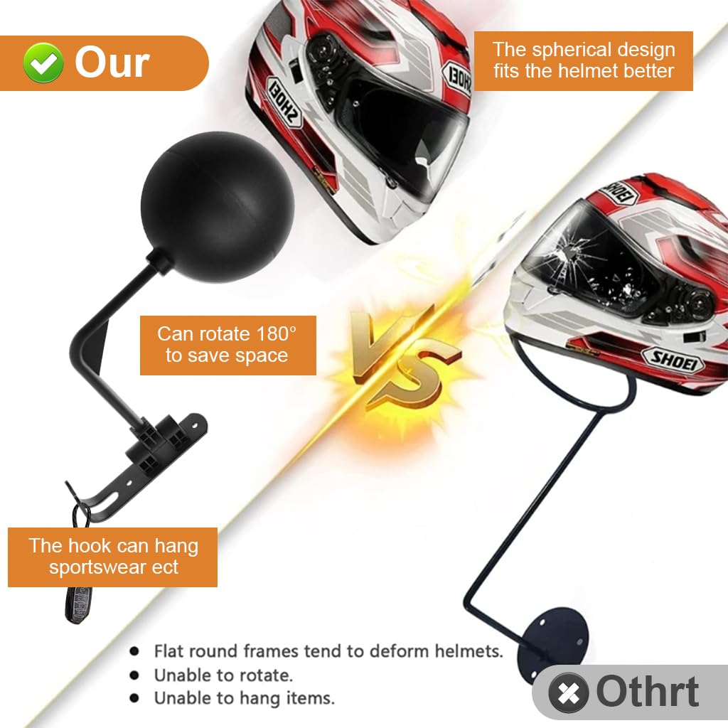 STHIRA Motorcycle Helmet Holder Rack for Wall Mount with 4.73 in Ball and Double Hook | Space Aluminum Rotatable Storage