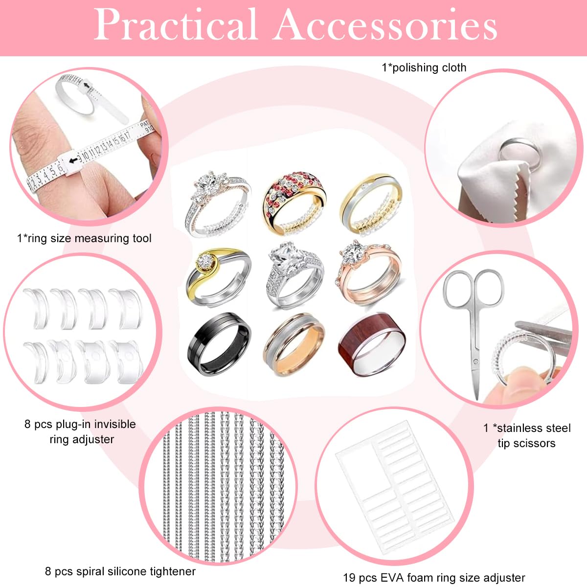 SANNIDHI Ring Size Adjuster Kit for Loose Rings with 20 Pcs Set & Plug In Guards | Silicone Tighteners