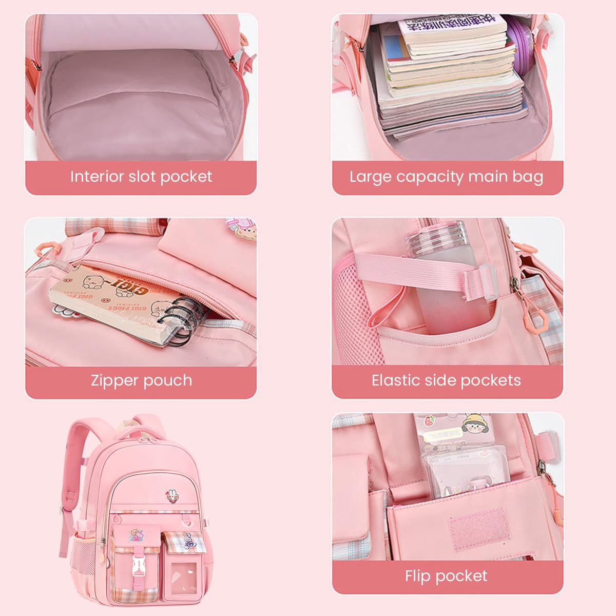 PALAY School Backpack for Girls 41×29×17cm with 3D Ergonomic Back and Pink Oxford Design