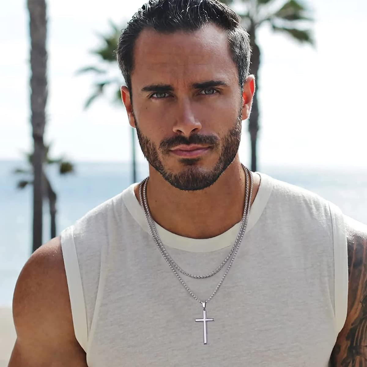 Sannidhi Cross Necklace Set for Men and Women with Double Layered Chain | Titanium Steel 2 Pcs 22.24 in Necklace