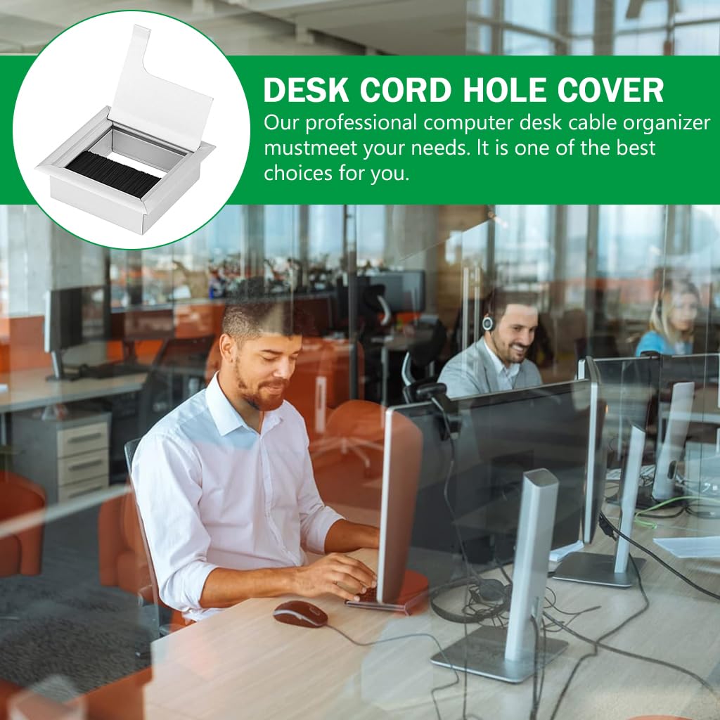 HASTHIP Desk Cable Management Hole Cover for Office Organization with Flip Lid & Brush 80x80mm Aluminium Silver