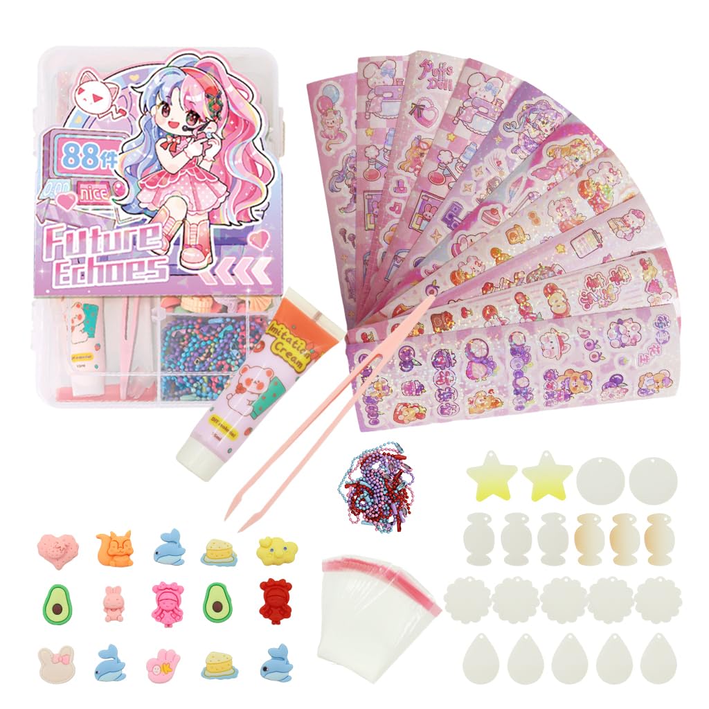 PATPAT® 88Pcs DIY 3D Cream Glue Art Craft Kit Kawaii Cartoon DIY Bag Charms Crafting Kits with Stickers, Cream Glue, Decorative Charms, Tweezer, Color Chains, DIY Handmade Charm Gifts for Girls