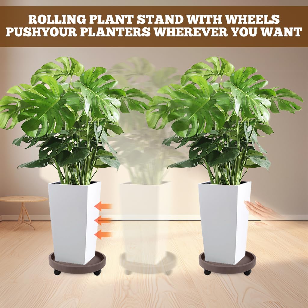 HASTHIP Plant Pot Stand for Indoor and Outdoor Use with 4 Wheels and 8.6 in Tray | Resin Brown