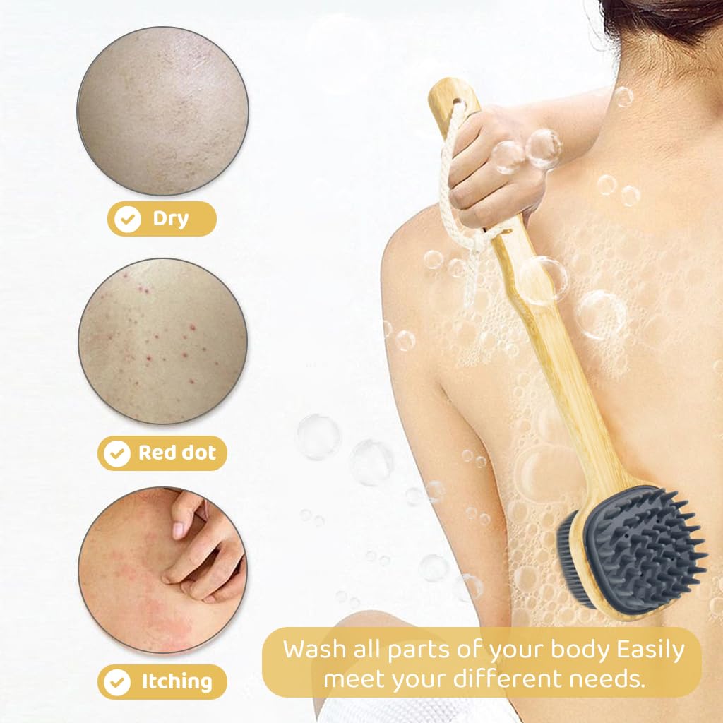 MAYCREATE Silicone Back Scrubber for Shower with Dual Sided Brush and Wooden Handle | Black
