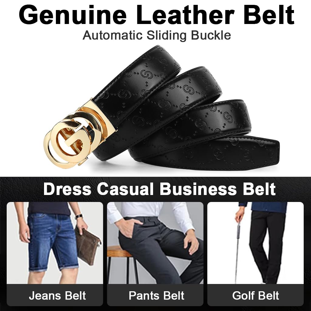 GUSTAVE Leather Belt for Men with Auto Lock Gold Buckle 130cm Length | Embossed Black Style