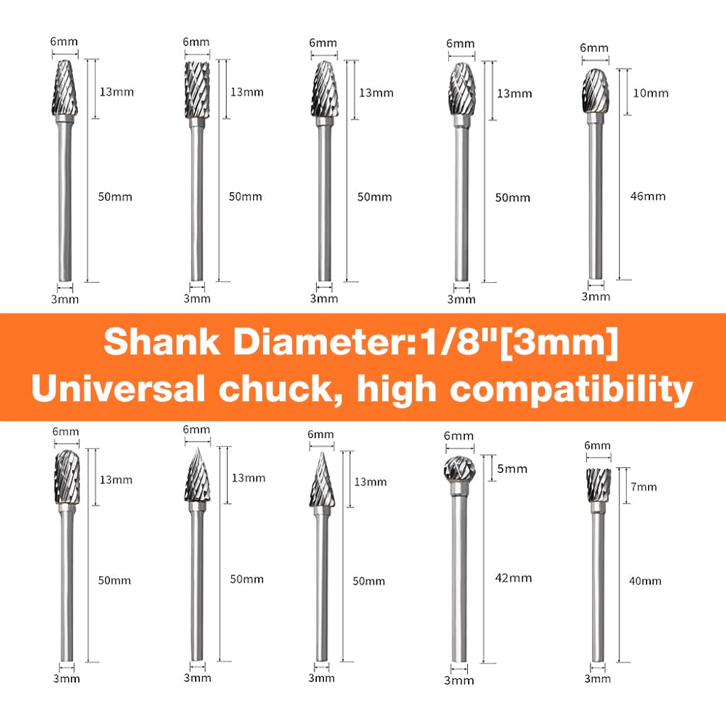 Serplex® Tungsten Carbide Rotary Burr Set for Dremel, 10pcs Carbide Double Cut Carving Burr Bits with 1/8