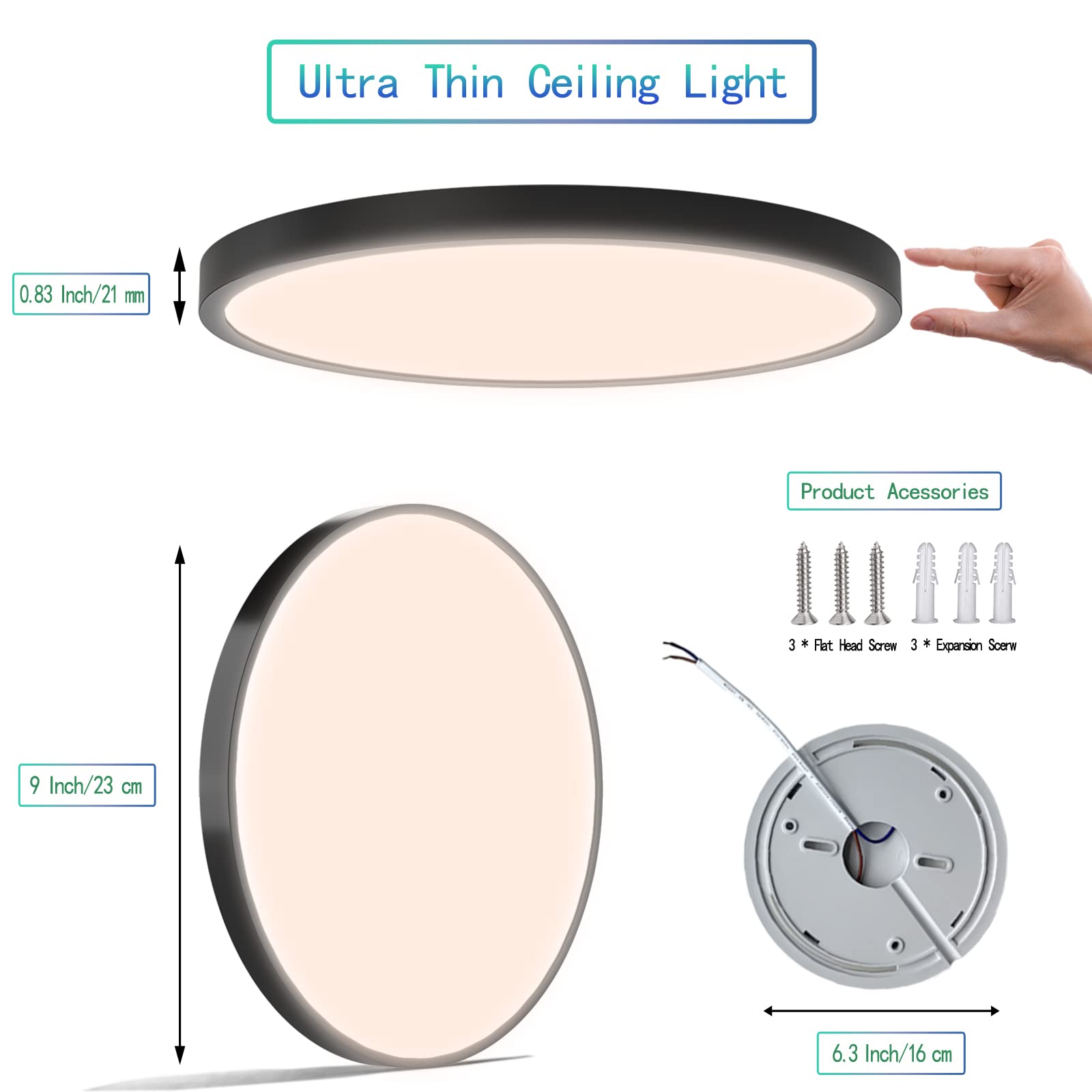 HASTHIP LED Ceiling Light for Living Room with 24W 120pcs Source and 0.83in Ultra Thin Design | Warm 3000K Black Fixture