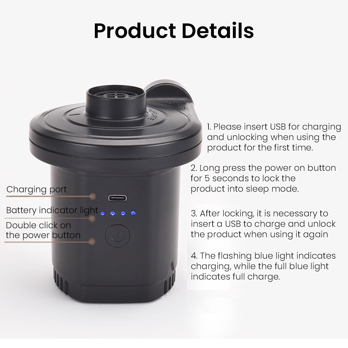 Serplex Electric Air Pump for Car and Home with 5000pa Pressure and 2800mAh Battery | 3 Nozzles