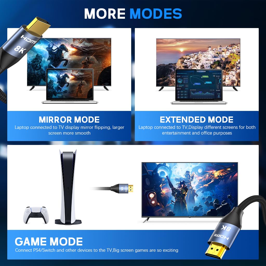 Verilux 8K HDMI 2.1 Cable 9.8 ft for Gaming and Streaming with 48Gbps Speed & Aluminum Alloy Shell