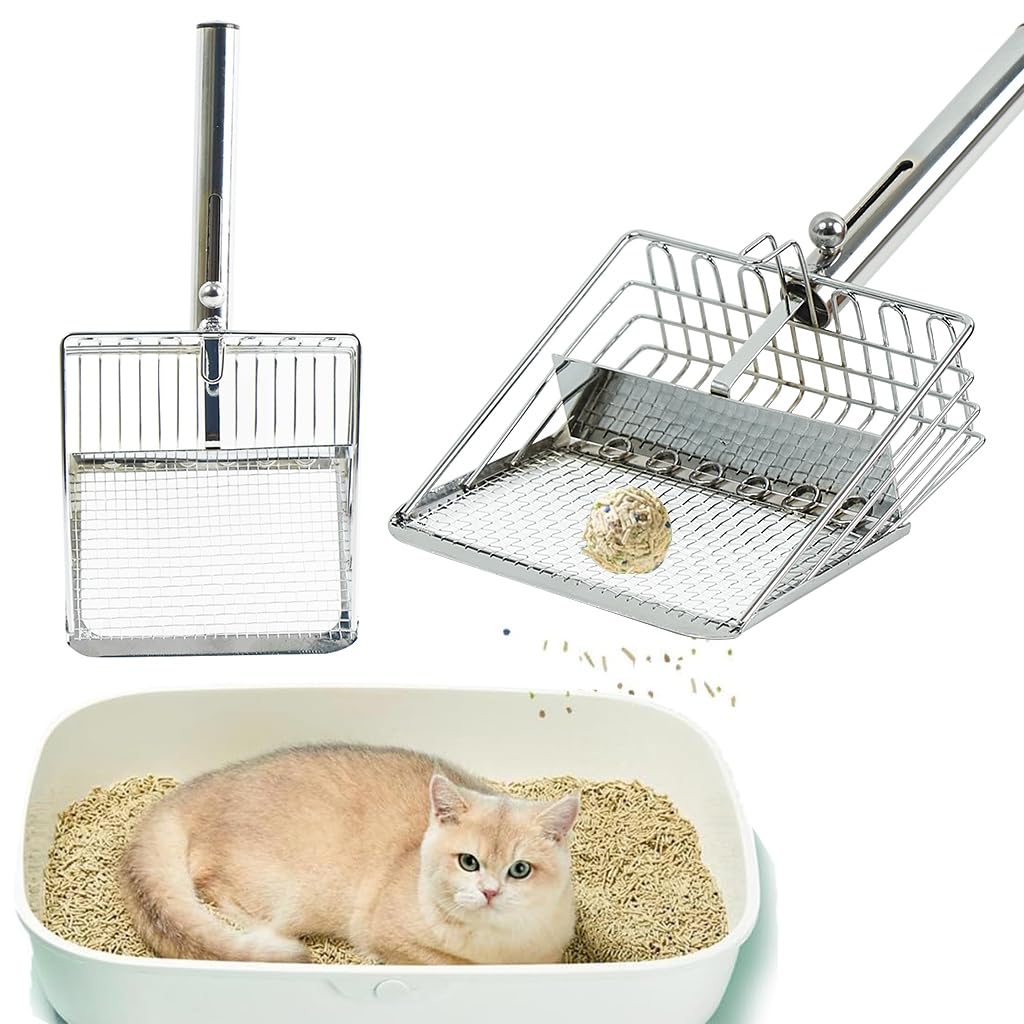 Qpets® Cat Litter Scoop Full Metal Sieve Litter Scoop for 3-10mm Clumping Clay Cat Litter Easy Sifting Button Design Cat Litter Scoop