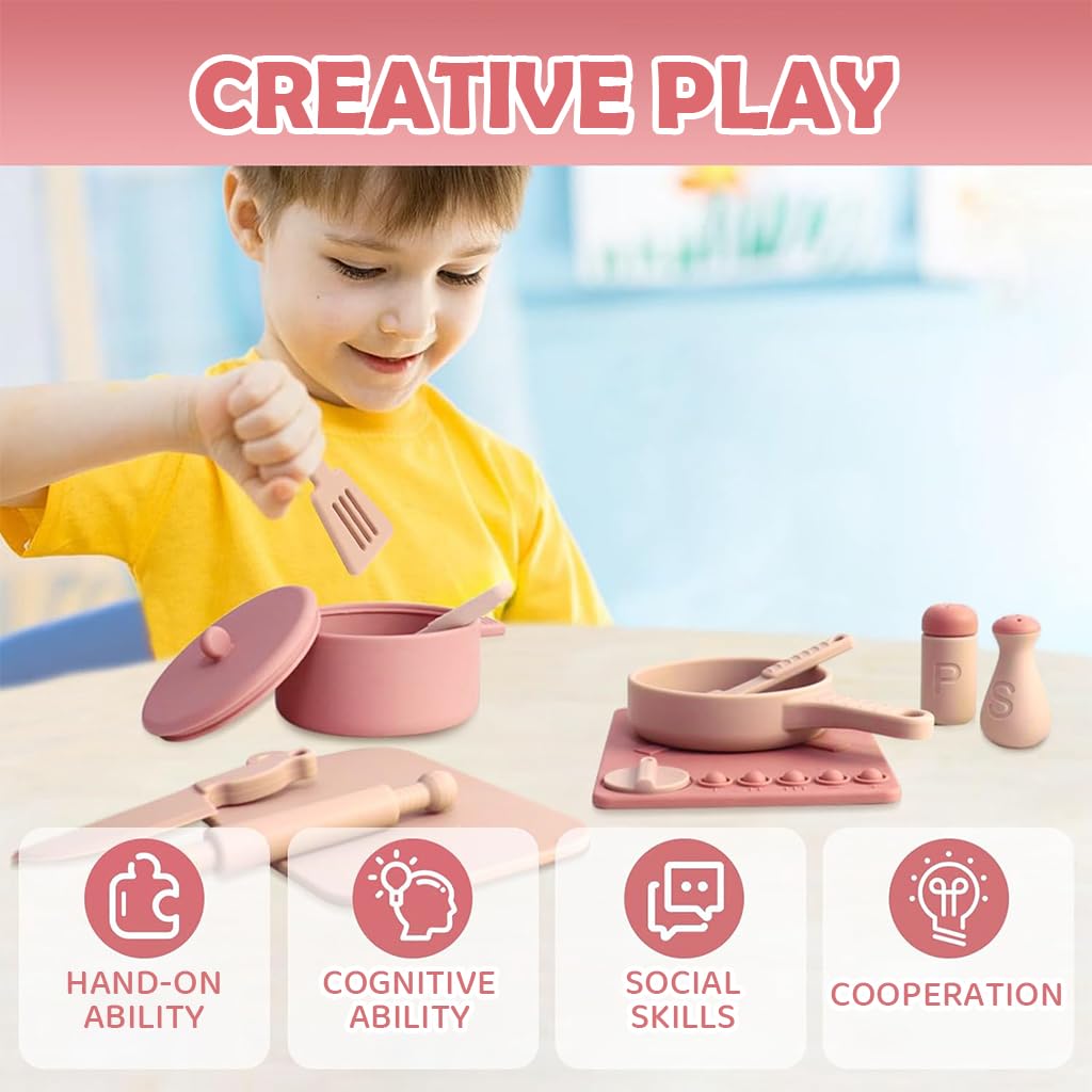PATPAT Silicone Pretend Play Toy Set for Kids with 16Pcs Real Use Tableware | Pink Kitchen Set for Girls