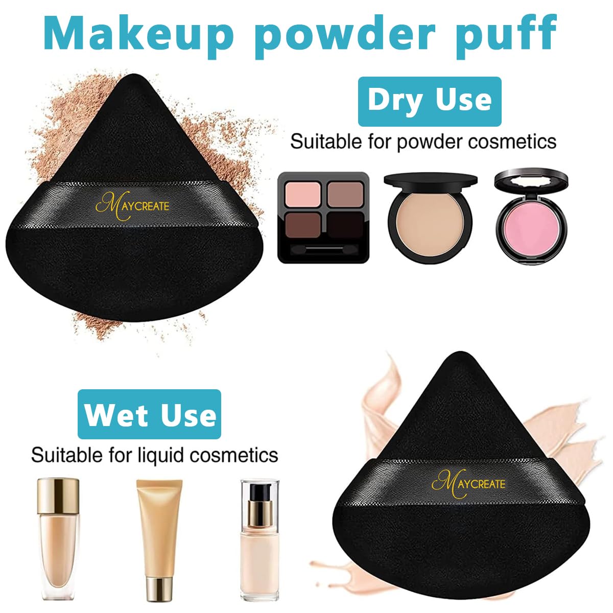 MAYCREATE Triangle Powder Puff for Loose Powder with Case featuring Soft Cotton 4pcs | Skin Friendly Wet and Dry Use