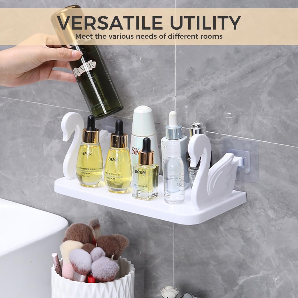 HASTHIP Wall Shelf for Bathroom and Kitchen Storage with Self Adhesive Mount | White Little Swan Design 25x13x2.3cm