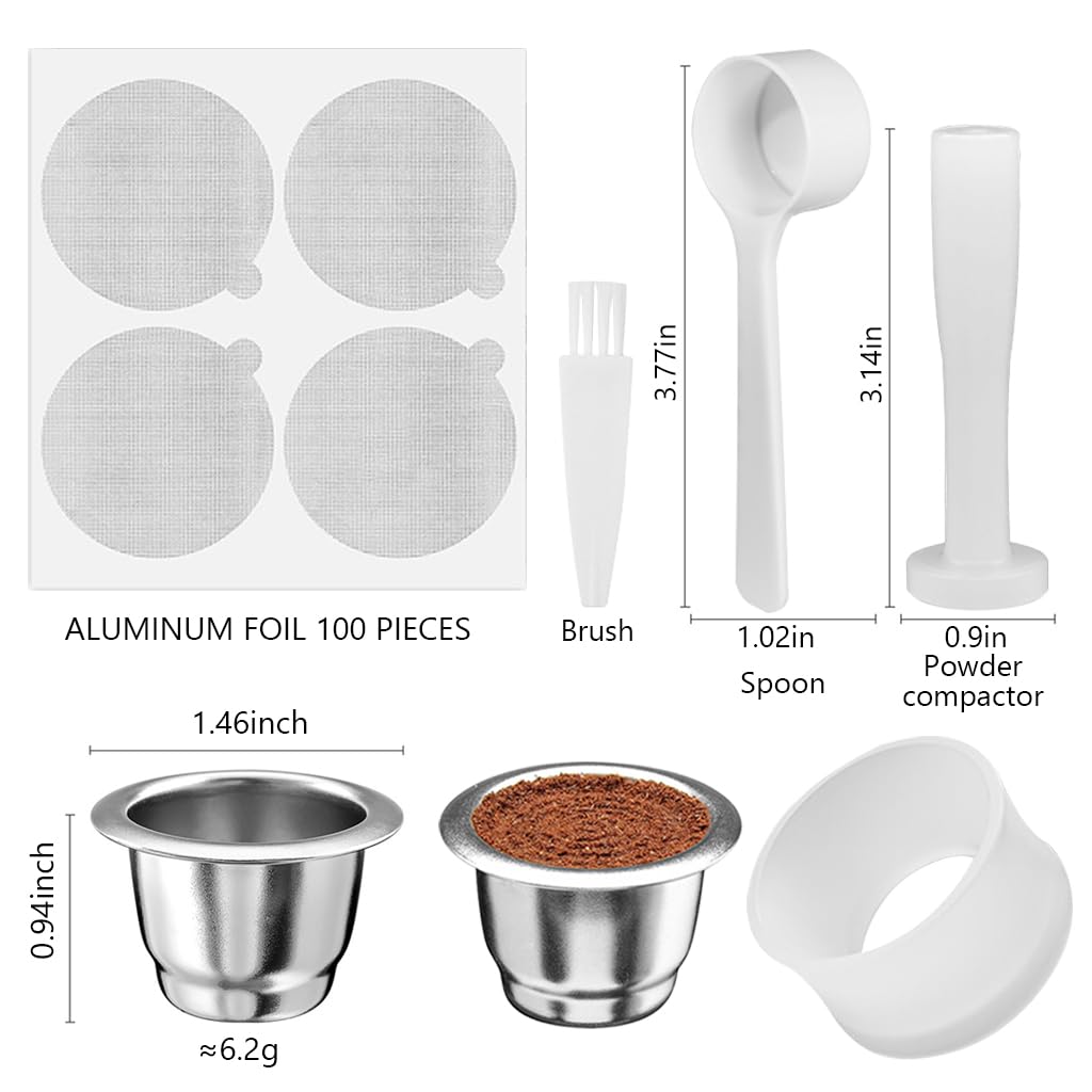Supvox Reusable Stainless Steel Coffee Capsule with 100 pcs Foil Film Covers and PP Tamper | Sustainable Espresso Brewing Set