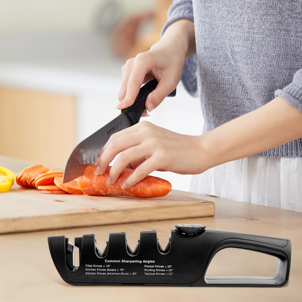 Supvox Manual Knife Sharpener for Kitchen with 4 Slots and 14–24° Adjustable Angle | Ceramic and Tungsten Steel