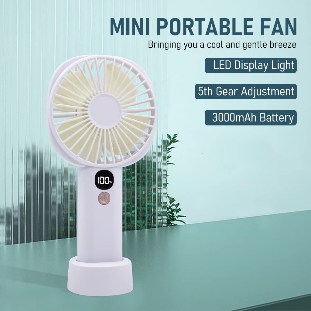 HASTHIP® Mini Portable Fan, 5 Speed Personal Small Fan for Desk Fan with Base, Handheld Fan Pocket Fan Mini Fan Desktop Fan Cool Wind 3000mAh USB Rechargeable Hand Fan for Makeup Indoor Outdoor