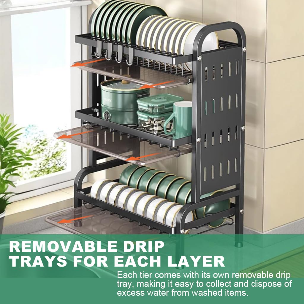 HASTHIP Kitchen Utensils Drying Rack for Storage with 3 Tier 63x42x24.5 cm Carbon Steel | Hook and Cutlery Holder