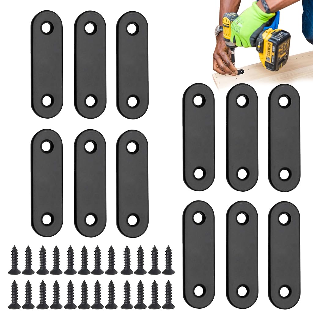 Serplex Flat Plate Straight Brackets Set for Wood and Furniture with Screws 12 Pcs 50mm Black Stainless Steel | Ideal for Shelves and Bed Frame Repairs