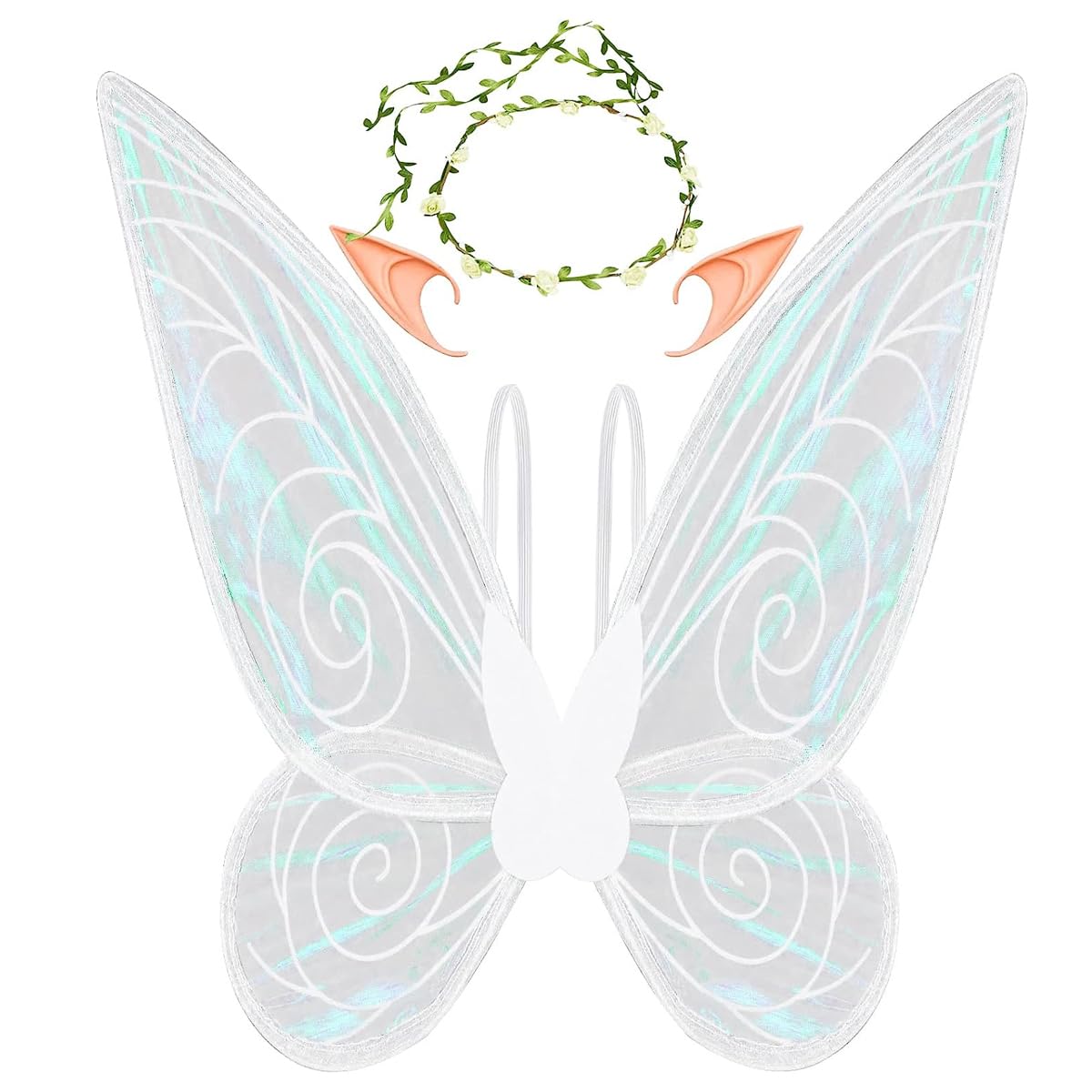 PATPAT Fairy Wings for Kids 5+ Years with Shoulder Strap 60×48 cm Organza White Set | Includes Elf Ears and Flower Garland
